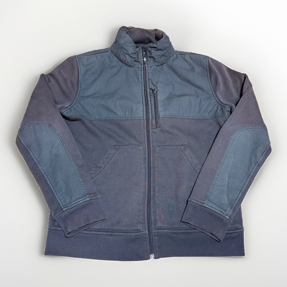 J.Crew Outerwear Fleece Jacket Medium Full Zip Mixed Media Elbow Patch Navy Grey